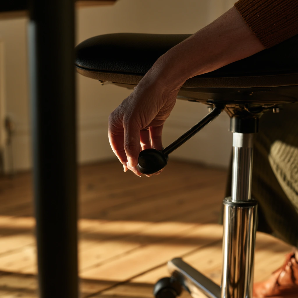 Hand pulling the height lever under a task chair seat to set it against the desk