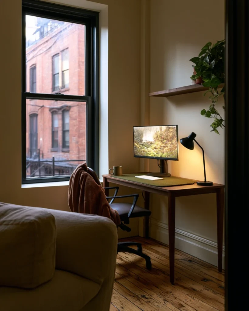Desk turned so the window falls to one side, with the monitor raised to eye height