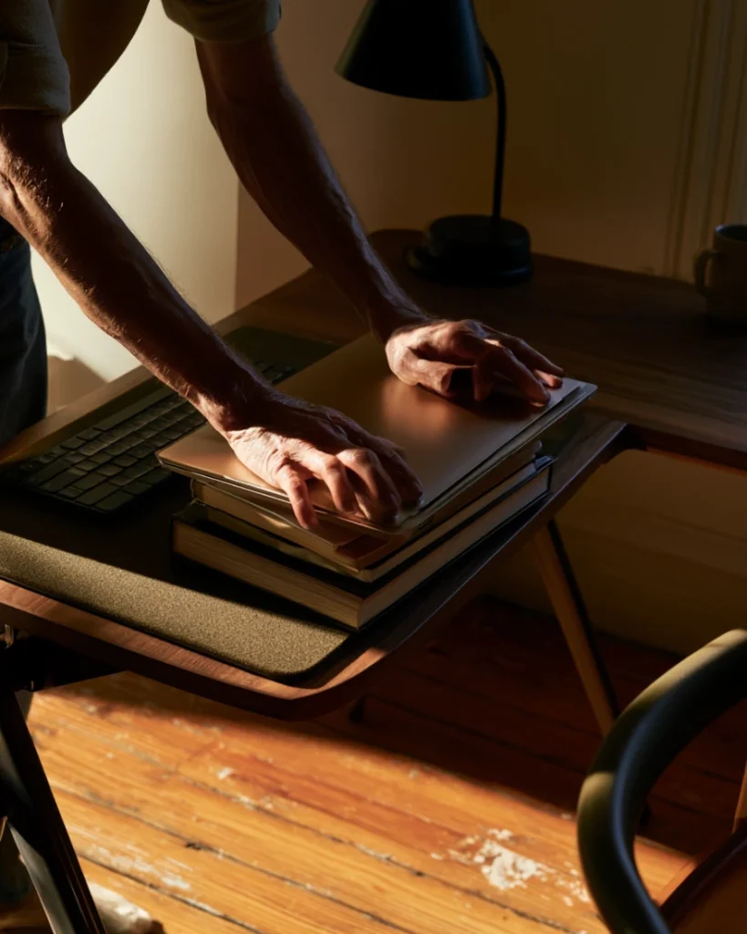 Laptop being raised onto a stack of books with a separate keyboard in front, the cheapest home office setup fix