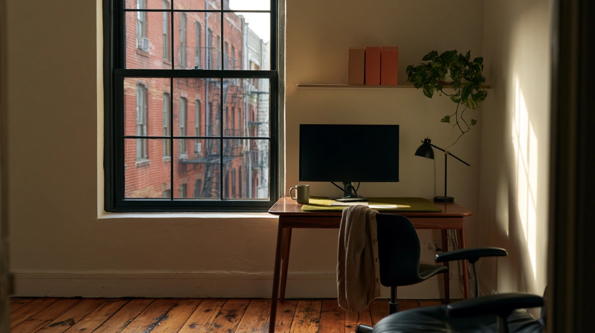 Home office setup with the monitor at eye height and the window to one side rather than behind