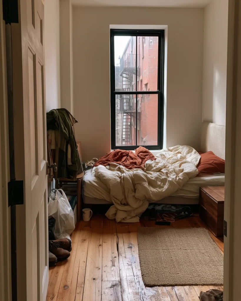 Small bedroom with clothes on the chair, bags by the door and boxes under the bed, before you declutter your room