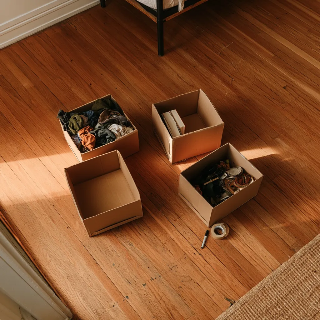 Four open boxes on a bedroom floor holding different amounts during a four box sort