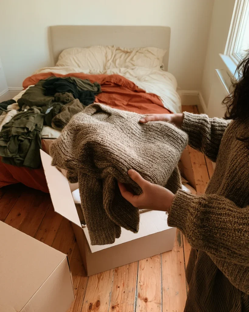 Hands holding a jumper above an open box, deciding once rather than putting it back down