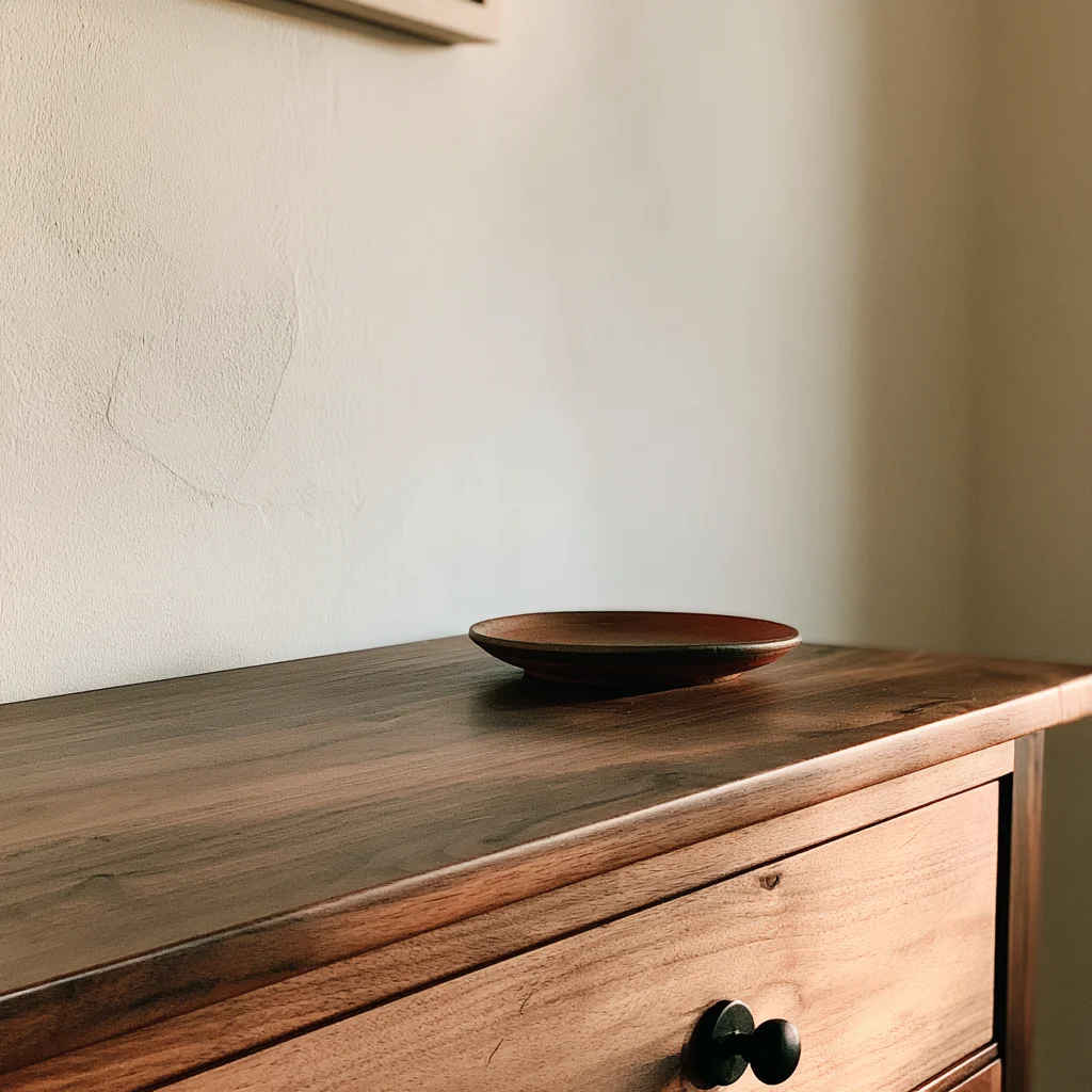 Close view of a cleared dresser top holding only one small tray