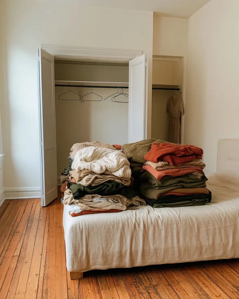 Bedroom closet emptied onto the bed with only bare hangers left on the rail