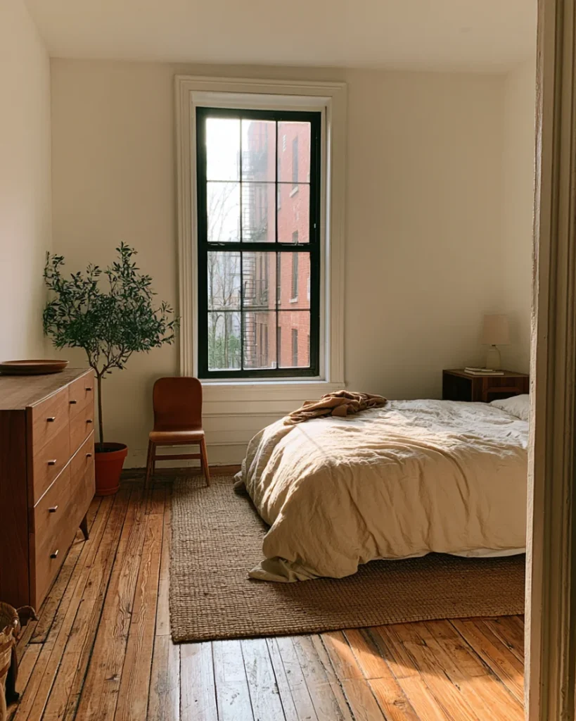The same small bedroom with a completely clear floor after all four decluttering sessions