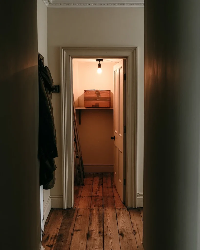 A single taped box stored on a cupboard shelf outside the bedroom, the maybe box waiting out its six months