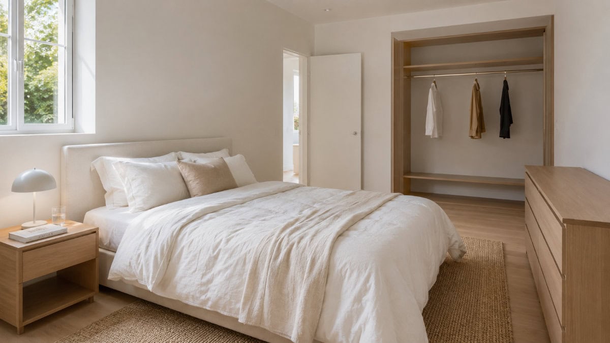 minimal bedroom showing how to declutter your room — wardrobe with only a few garments and a clean nightstand with natural light