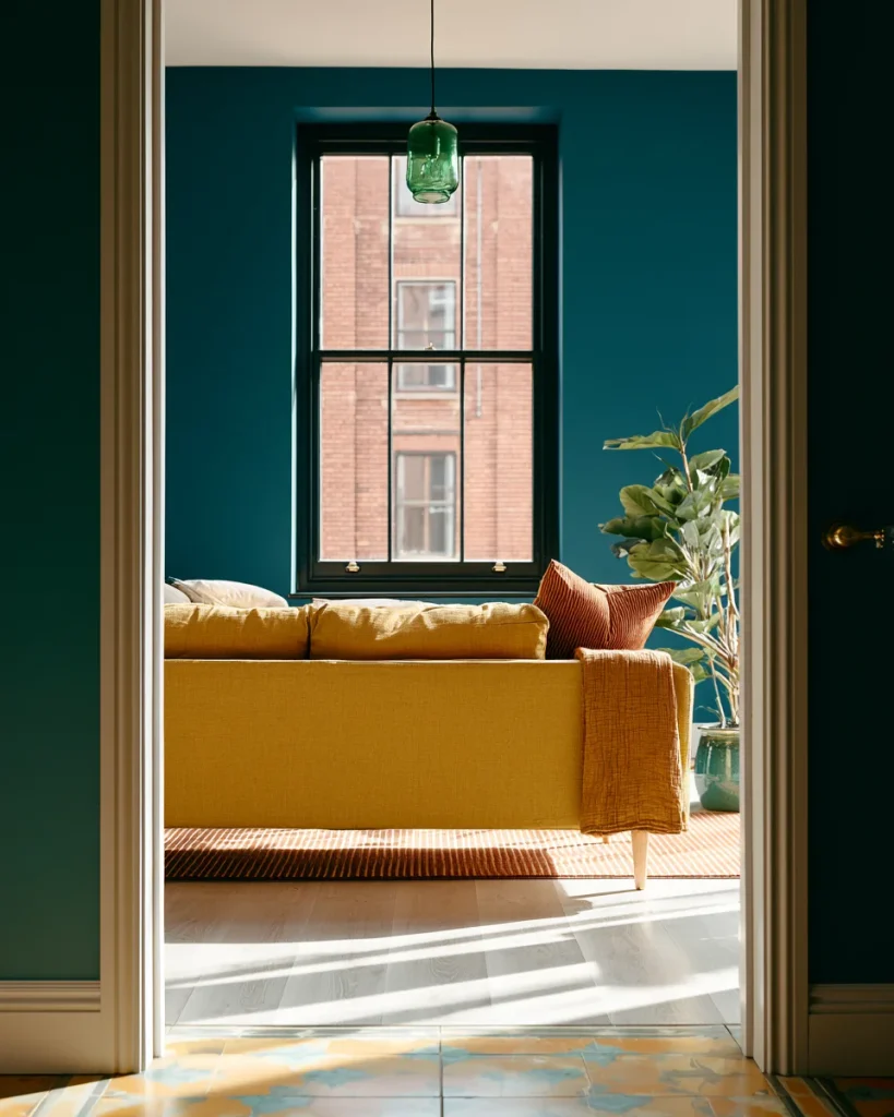 Sofa placed across a studio with its back to the sleeping area, dividing the room without a screen