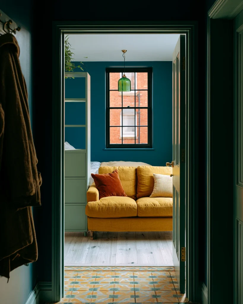 View through a doorway into a studio divided by a chest height shelving unit