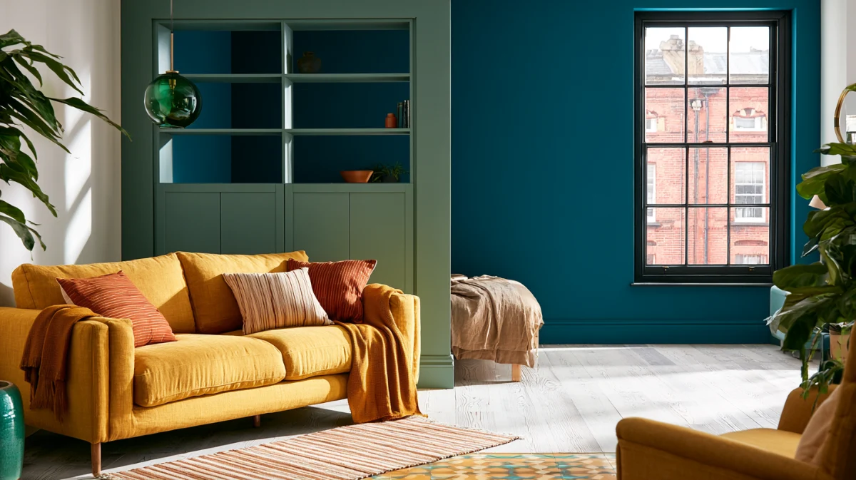 Studio divided by a chest height shelving unit that still lets daylight through, one way to divide a studio apartment