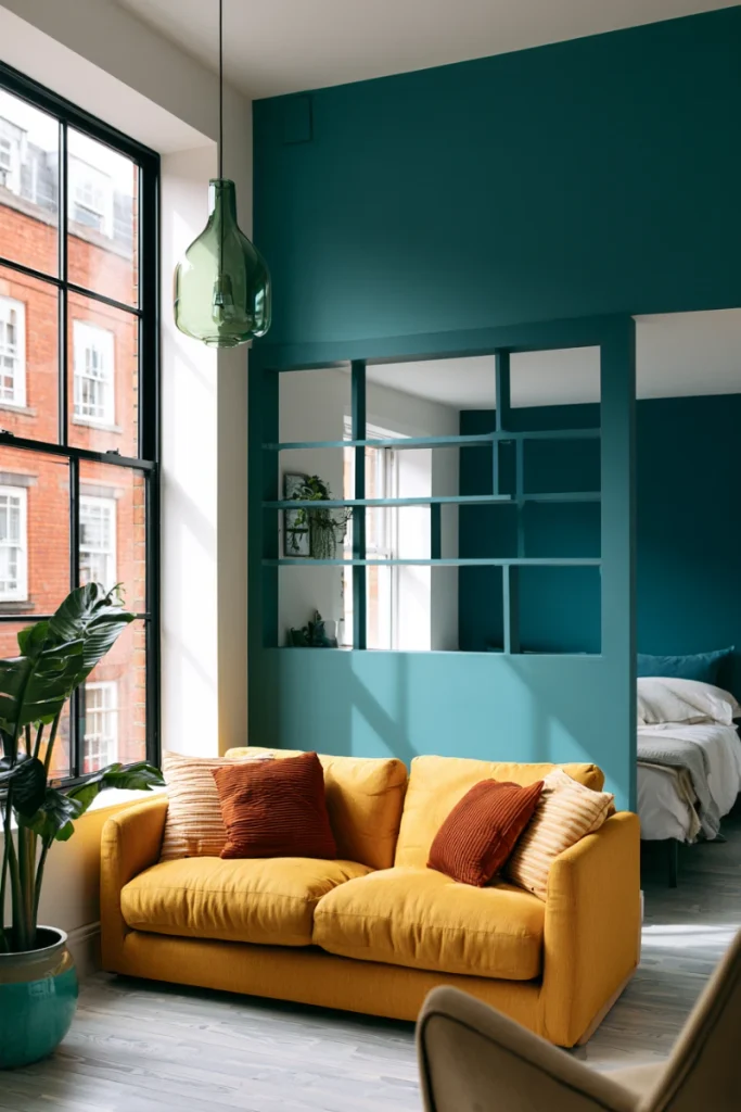 Divided studio with bare wall above, showing how to divide a studio apartment without a full wall