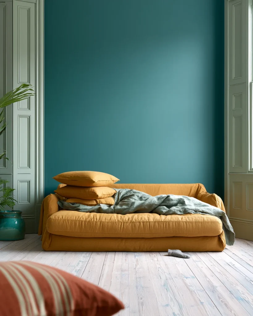 A sofa bed pulled halfway open with its back cushions stacked on the floor, showing why the conversion takes so long.
