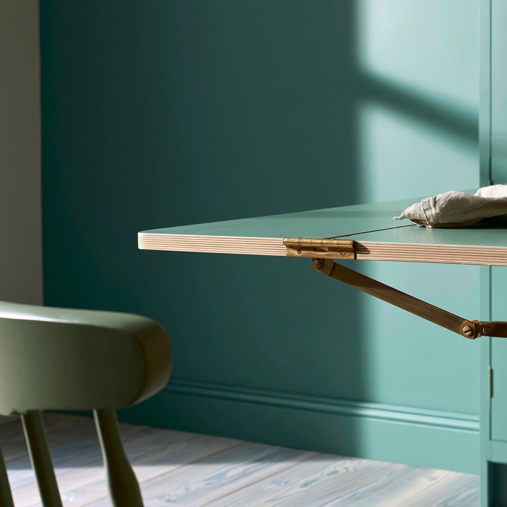 Close crop of a drop leaf table with one leaf lowered against a teal wall, brass hinge and swing bracket visible underneath.