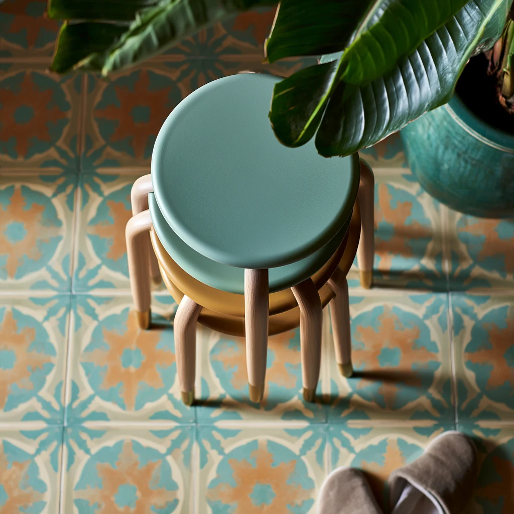 Overhead view of four stacking stools nested into one footprint on patterned encaustic floor tiles.
