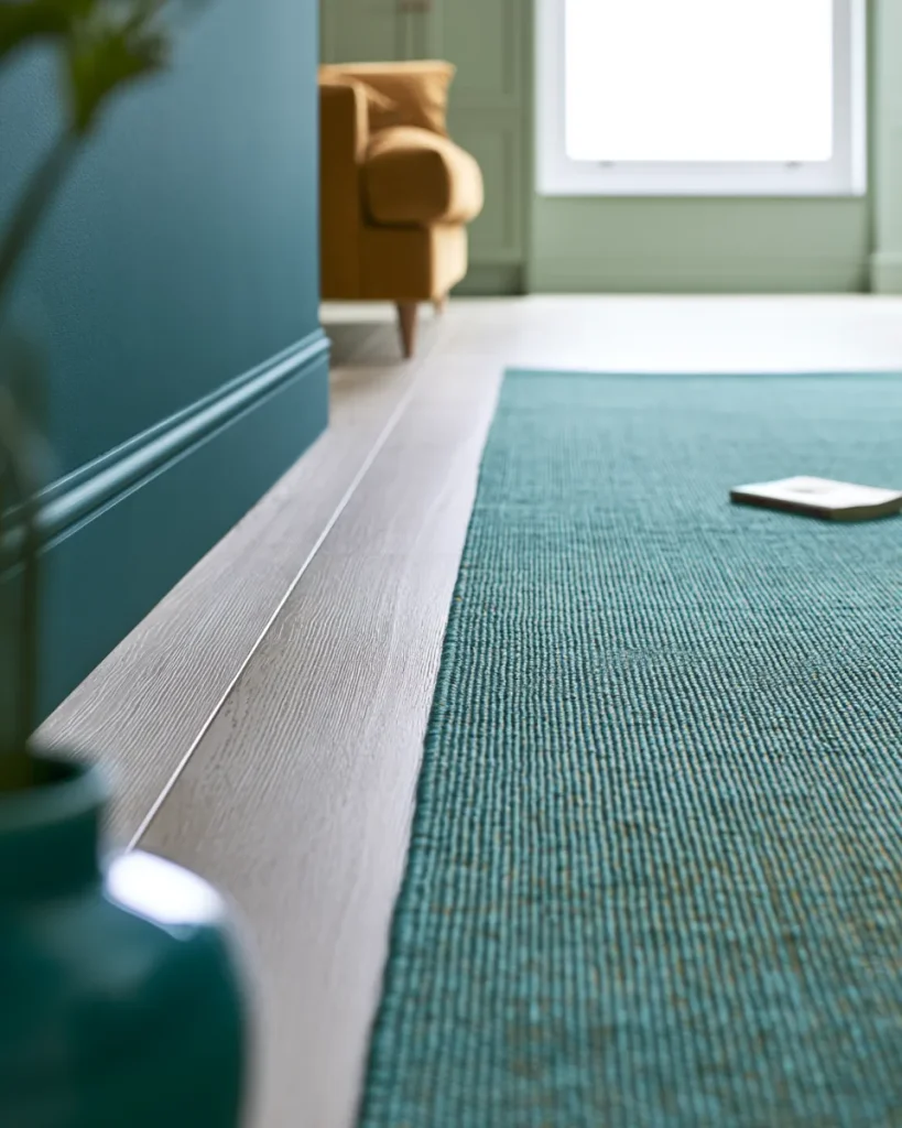 Low floor level view across a patterned rug that divides a studio apartment into a sleeping side and a sitting side.