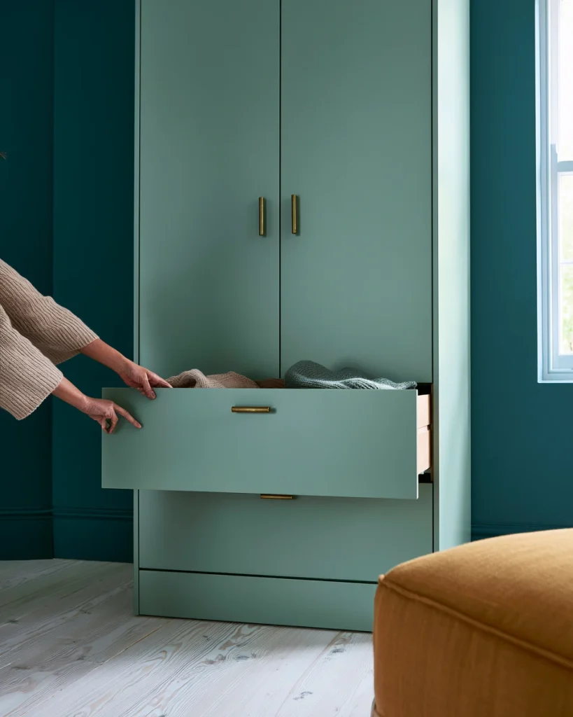Hands pulling open the bottom drawer of a tall sage green wardrobe in a studio apartment, with an anchor strap visible at the top of the unit.