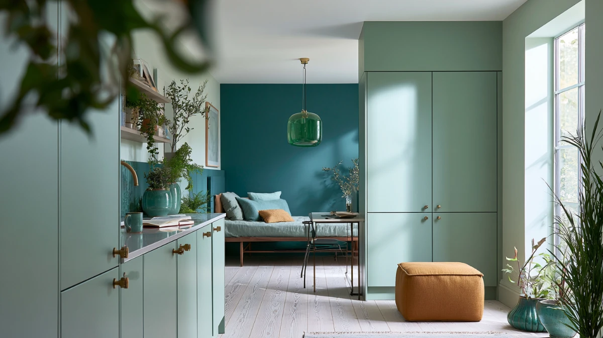 A furnished studio apartment seen from the kitchen end, showing the bed, the seating and the work surface sharing one room.
