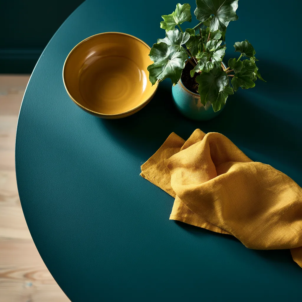 Table top holding three objects with most of the surface left empty