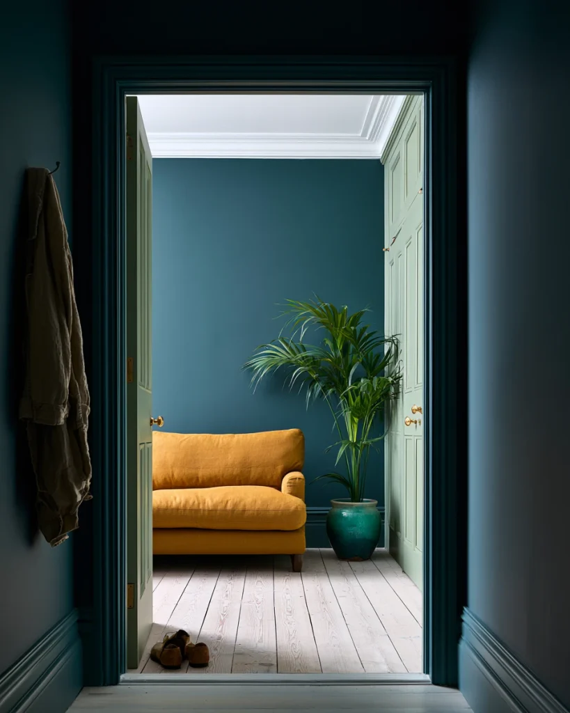 View through a doorway into a calm room with a clear floor and bare wall