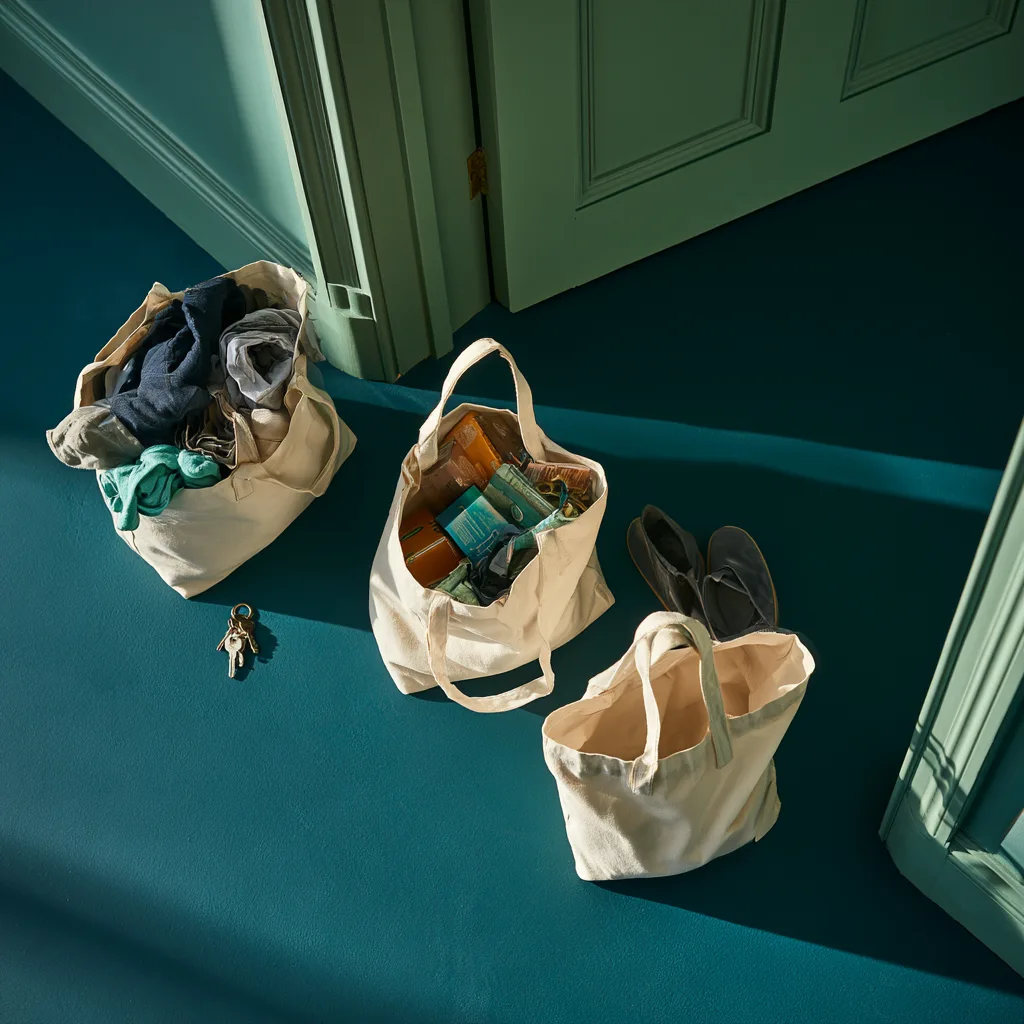 Three sorted bags standing by the door ready to leave the house