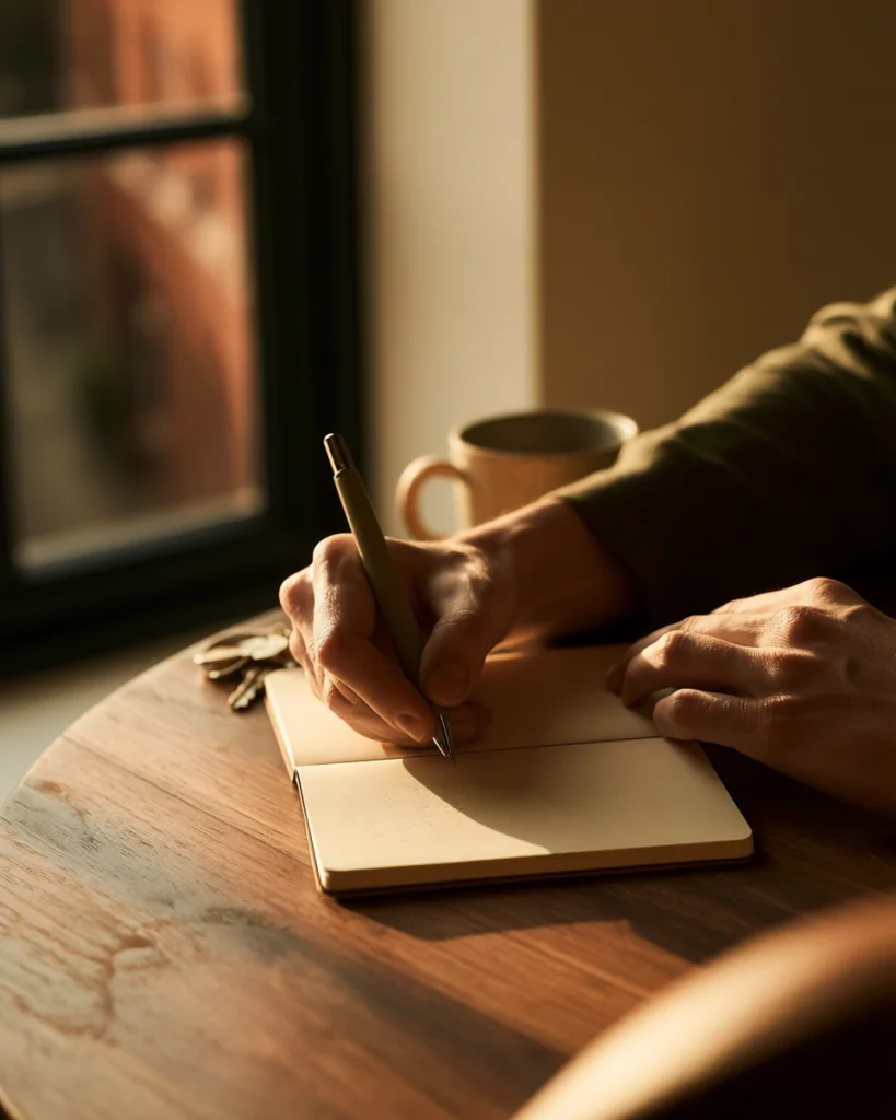 Hands writing an item into a paper waiting list instead of adding it to a cart