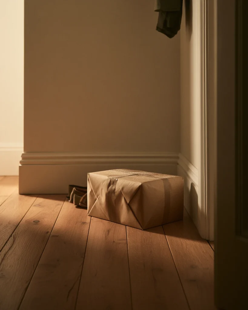Sealed parcel left unopened in a hallway, the after-arrival point that produces the most useful data