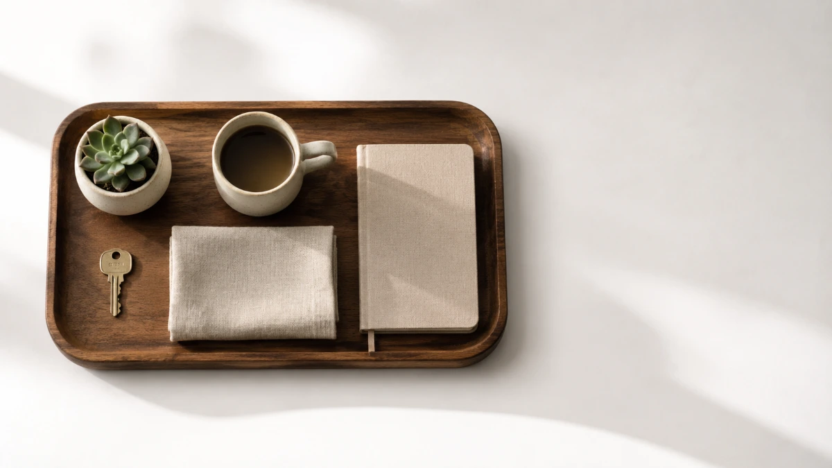 minimal flat lay representing intentional living and how to stop buying things
