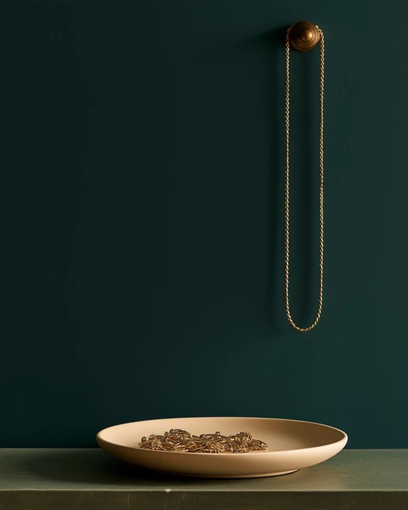 A tangled gold chain in a shallow dish beside an identical chain hanging straight from a hook, the jewelry organization difference that 18 inches makes.