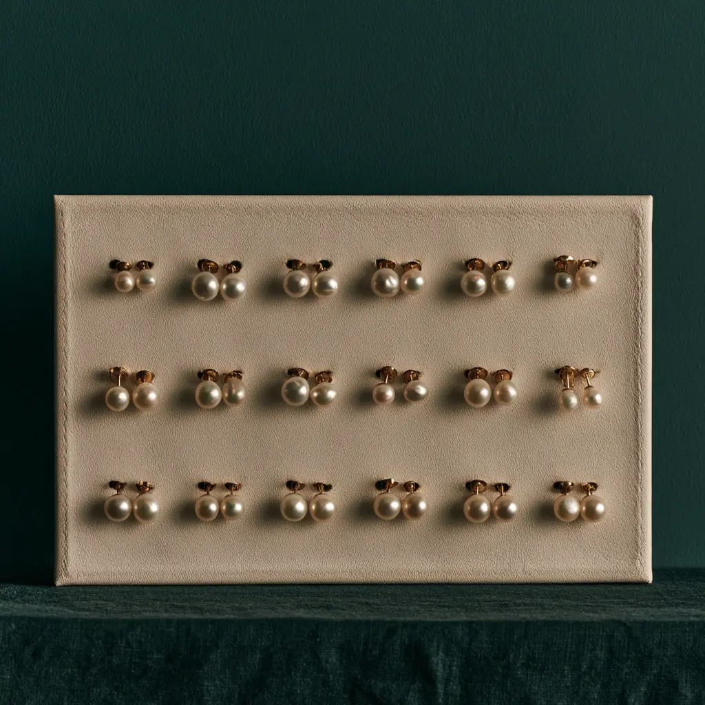 Gold and pearl stud earrings pushed through the holes of a cream leather pad so each pair stays together and cannot slide.