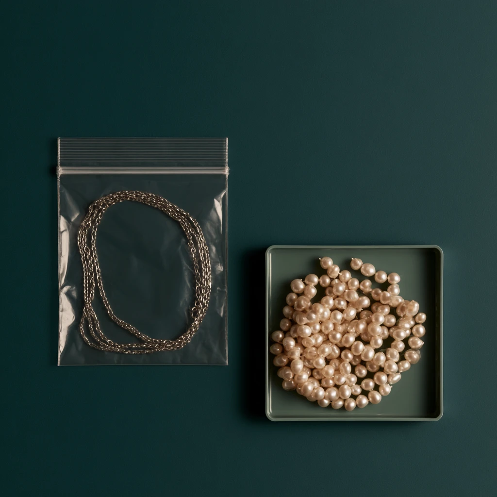 A silver chain sealed flat in a small clear bag beside a strand of pearls resting uncovered in an open cream tray.