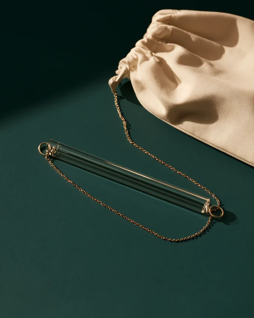 A fine gold chain threaded through a clear drinking straw and clasped at both ends, ready to travel without tangling.