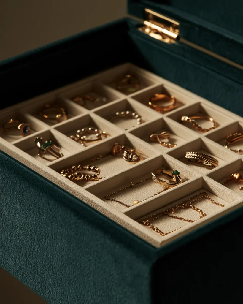 An open shallow drawer of jewelry organization compartments with one ring, earring or short chain per slot and nothing sharing a compartment.