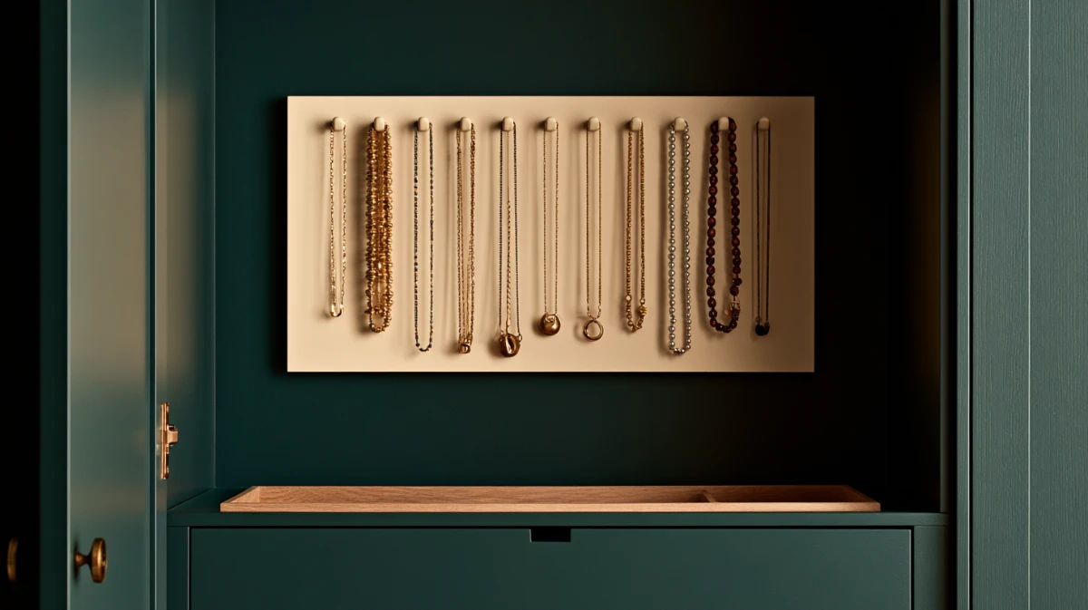 Long chains hanging one per hook on a cream board mounted inside a wardrobe door, with an open compartment drawer below.