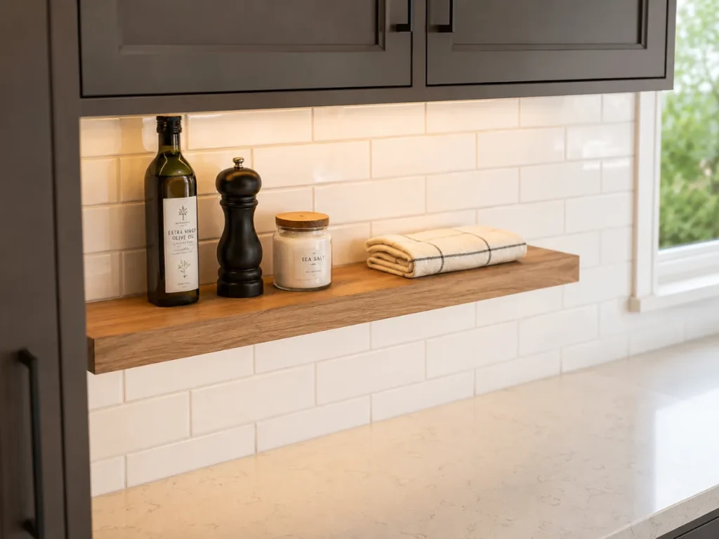 single floating wood shelf installed between kitchen counter and upper cabinet holding olive oil, pepper grinder, and salt