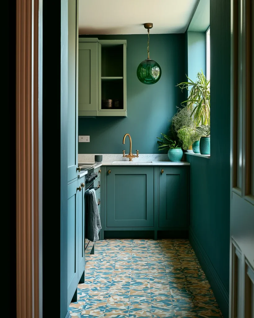 A small kitchen seen from the doorway showing open shelving on the dry wall and closed units near the hob, which is how kitchen shelf placement is decided.