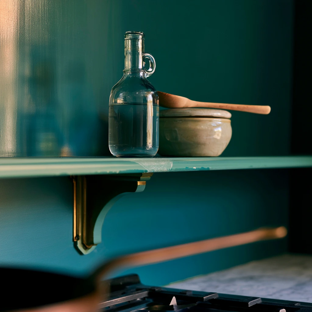 Close crop of a narrow shelf beside a hob holding a glass oil bottle and a lidded salt pot, with a visible film on the underside of the board.