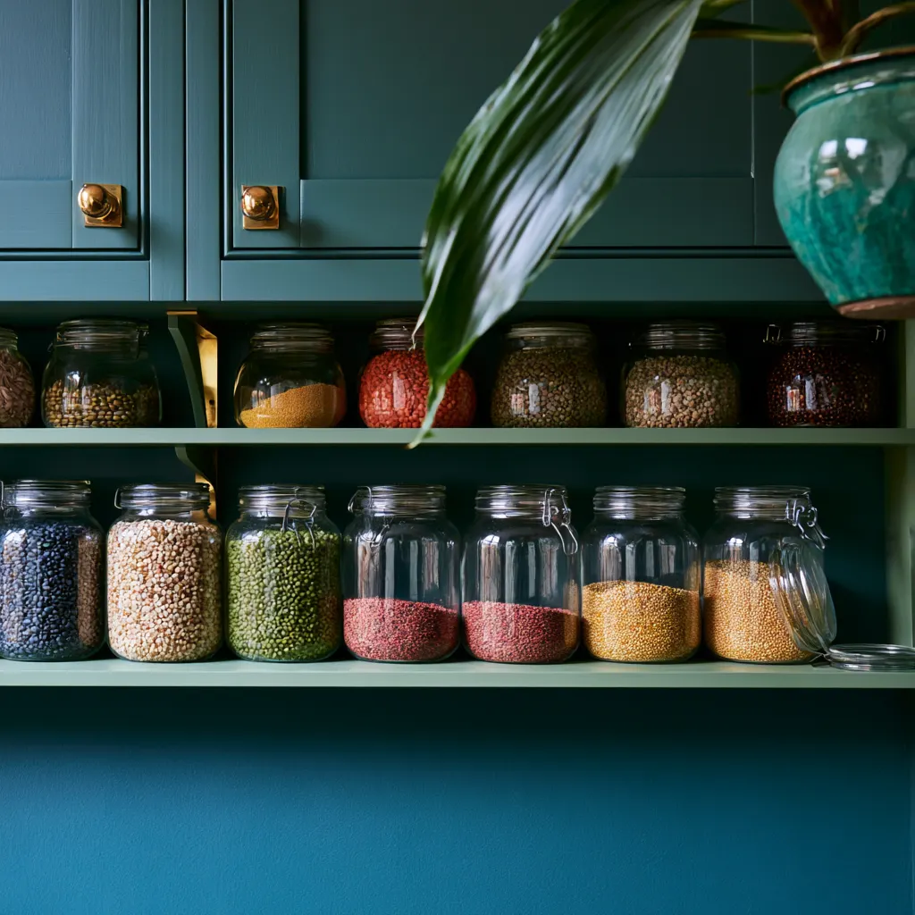 Overhead view of a deep kitchen shelf where a front row of glass jars hides a second row behind it.