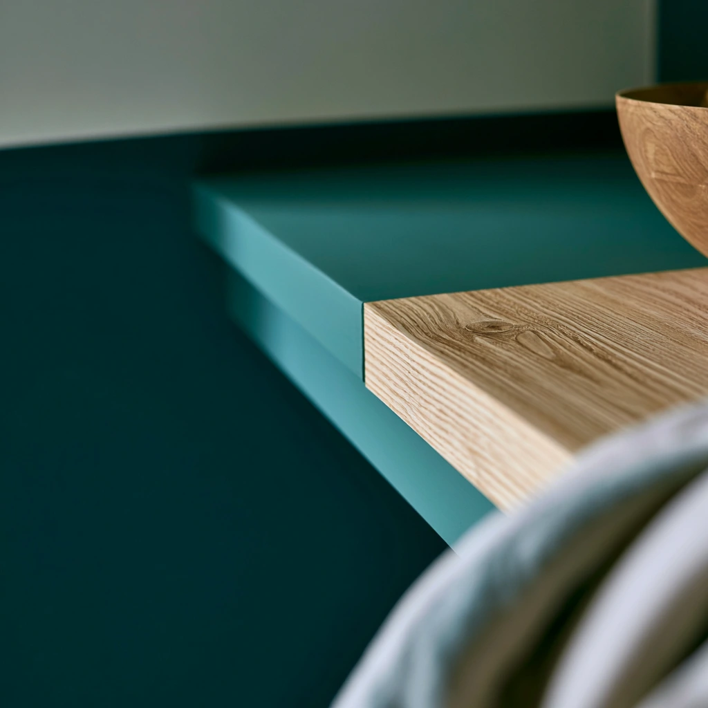 Close texture crop of two shelf finishes meeting, sealed sage green paint against oiled timber, showing how differently each holds a mark.