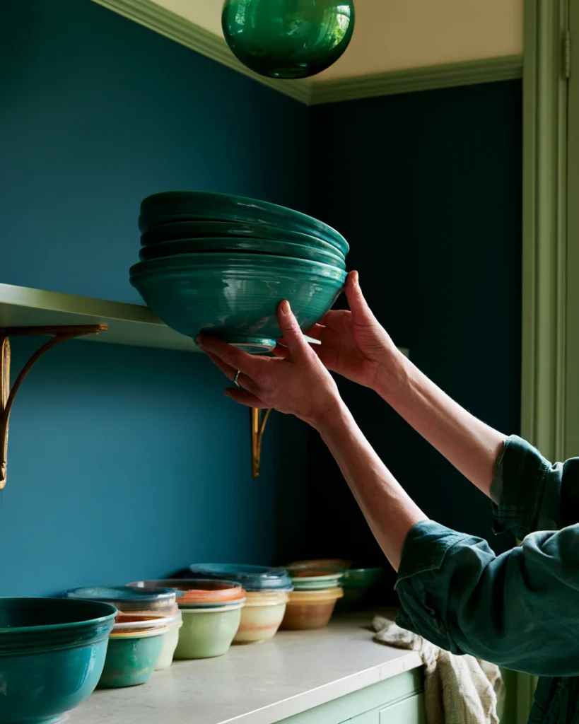 Hands setting a stack of matching bowls onto an open kitchen shelf on the dry wall, with mismatched containers waiting on the counter below.