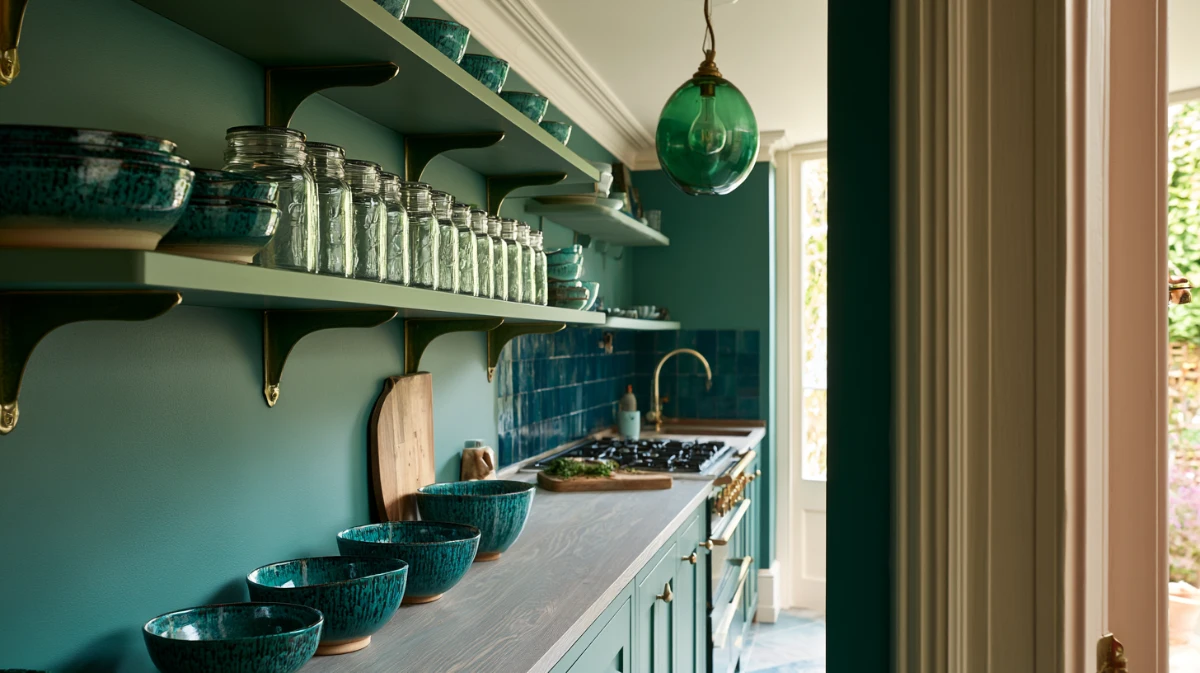 Two open kitchen shelves running along a dry wall holding matched crockery and glass jars, with the hob and sink visible further down the run.