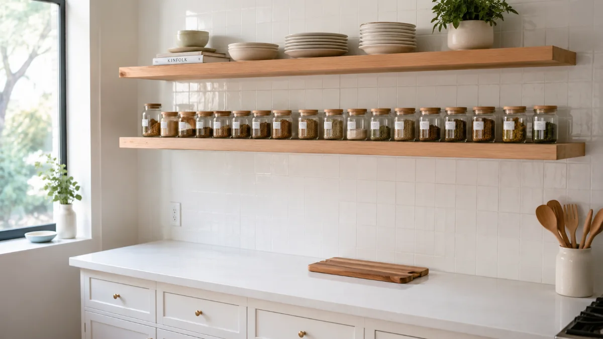 small kitchen with open floating wood shelves showing practical kitchen shelf ideas above the counter with organized plates, jars, and a plant