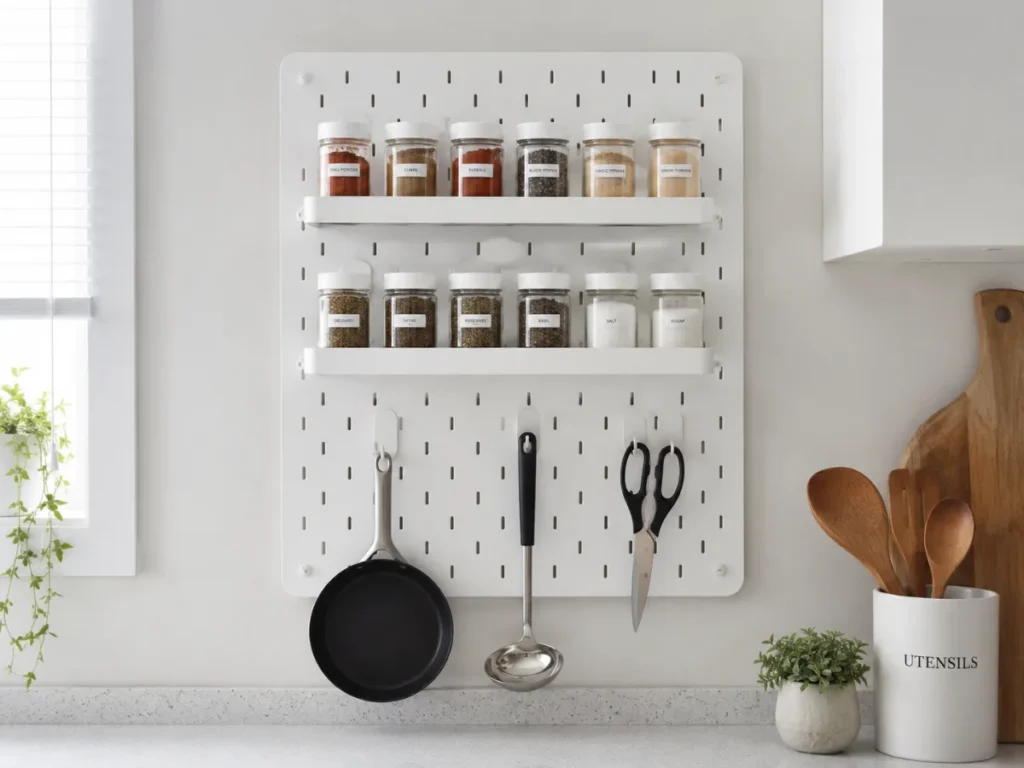 white kitchen pegboard with two small shelves holding glass spice jars and hooks with a pan and kitchen utensils