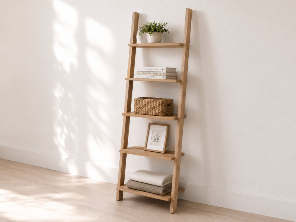 five-tier leaning ladder shelf in a bedroom holding books, a basket, a plant, and folded items — no drilling required