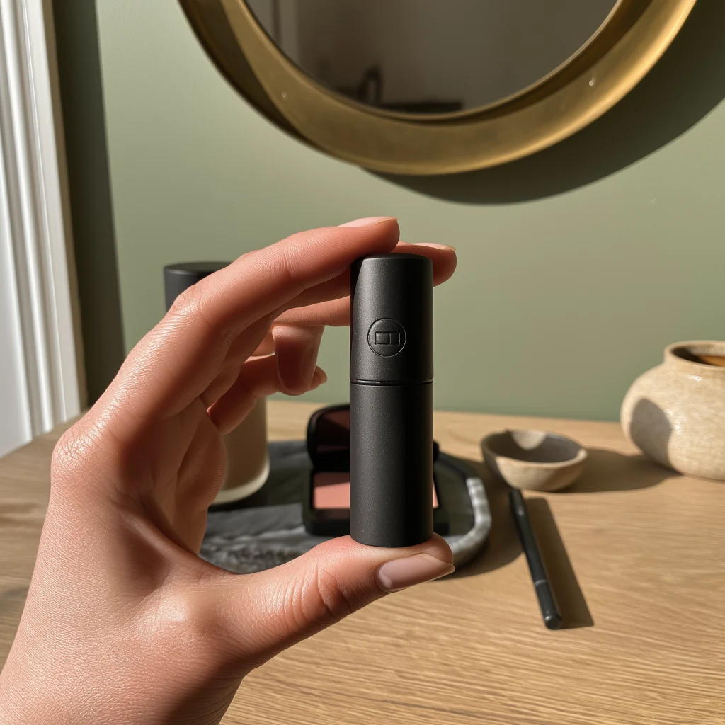 A hand holding a cosmetic tube upside down to show the open jar symbol, the makeup organization step that starts every product clock
