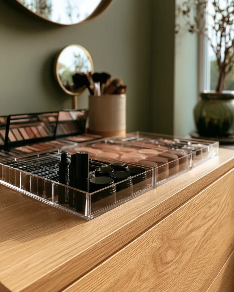Makeup organization in three clear acrylic trays on a dresser, short life products at the front and long life powders at the back