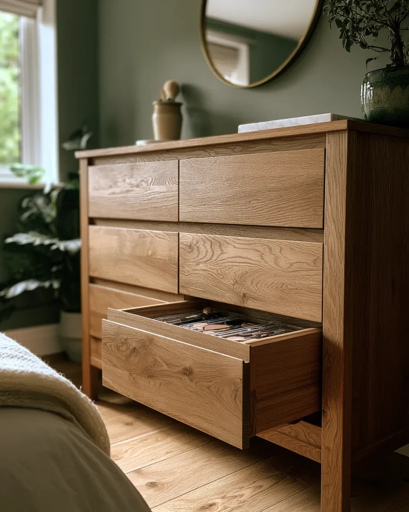 A bedroom dresser drawer holding makeup organization in a single layer, away from the heat and steam of a bathroom