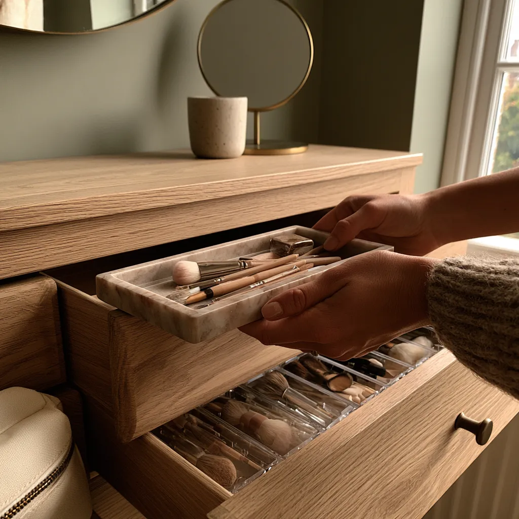 A small tray of ten everyday items lifted out of a makeup organization drawer in one movement