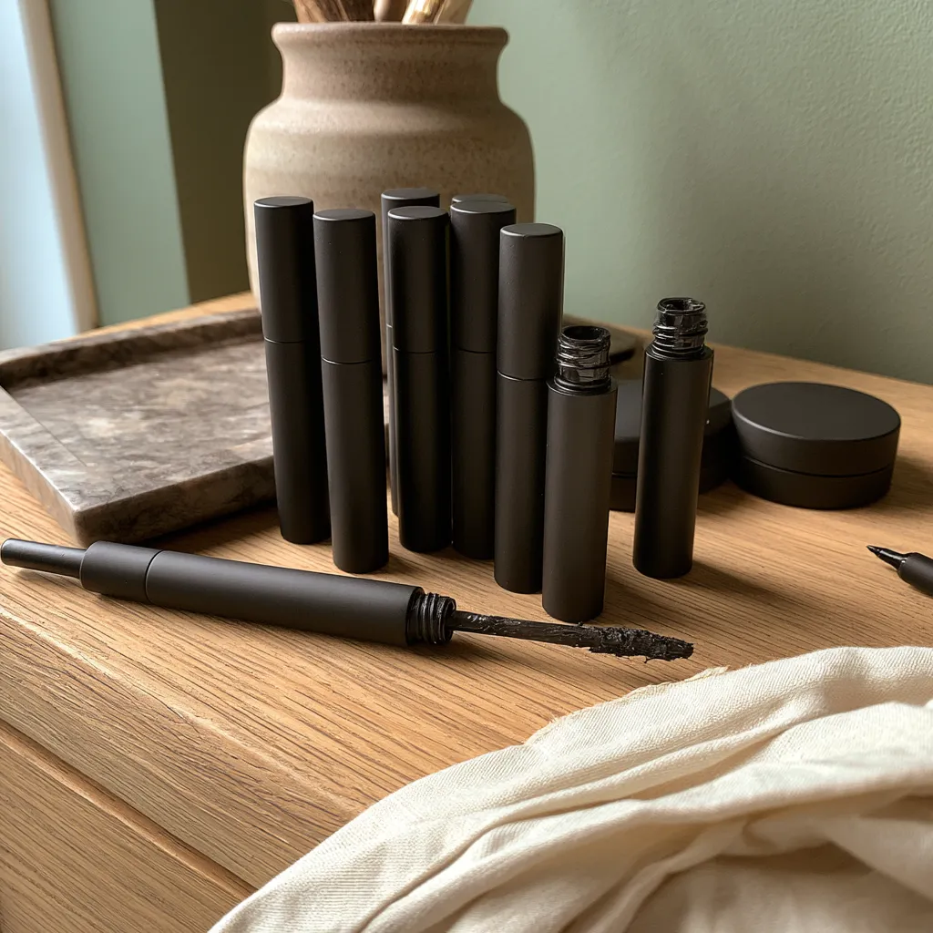 Old mascara tubes and unmarked compacts grouped on a dresser after being pulled from the makeup organization drawer