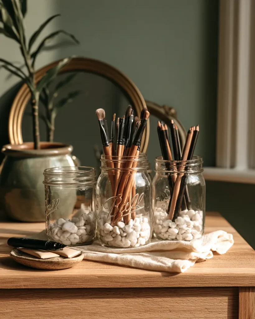 Brushes and pencils standing in Ball mason jars filled with white pebbles, with a marker ready to date the tubes beside them